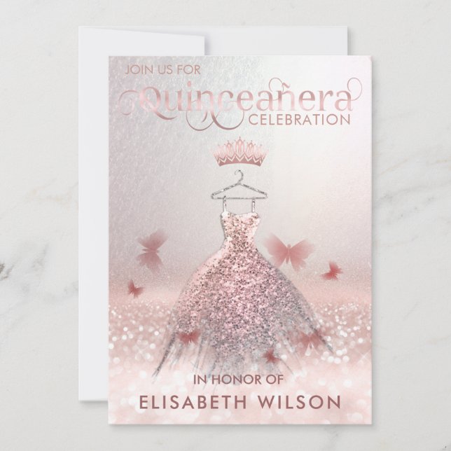 Rose Goldbutterfly tiara Quinceañera Invit Einladung (Vorderseite)