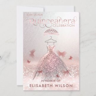 Rose Goldbutterfly tiara Quinceañera Invit Einladung