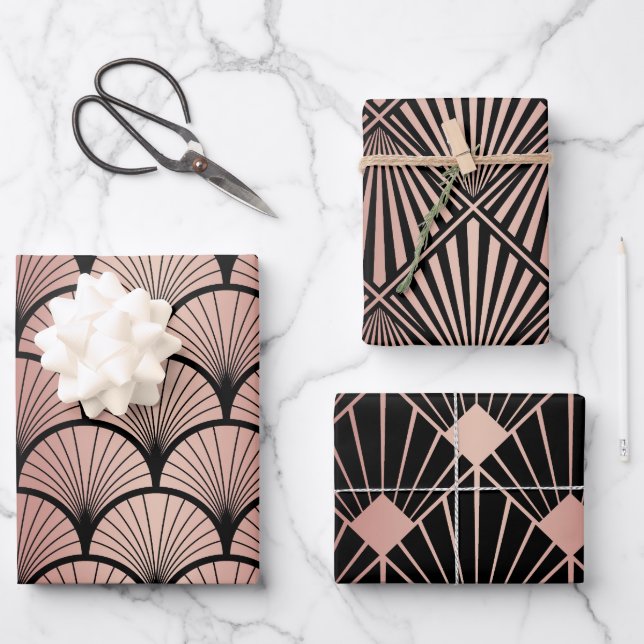 Rose Golden & Black Art Deco Geschenkpapier Set (Vorderseite)