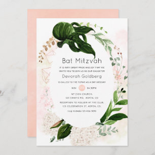 Rose Golden & Blush Geometric Greenery Bat Mitzvah Einladung
