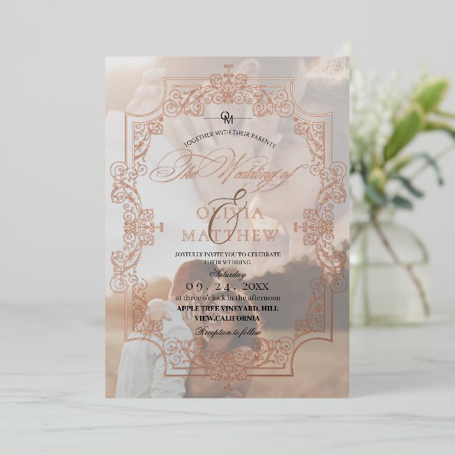 Rose Golden Foil Elegante 2 Foto Hochzeit Folieneinladung (Stehend vorne)
