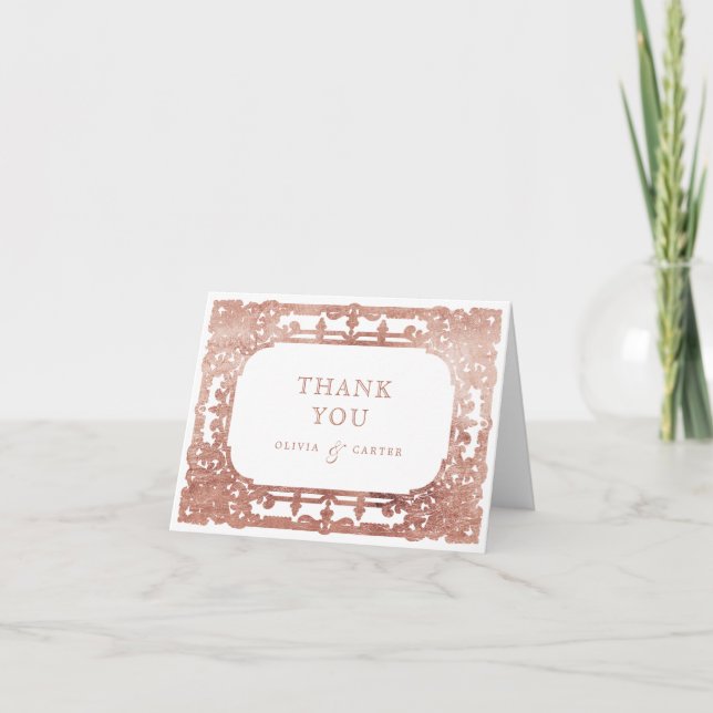 Rose Golden Romantik verzierte Hochzeit Dankeskarte (Vorderseite)