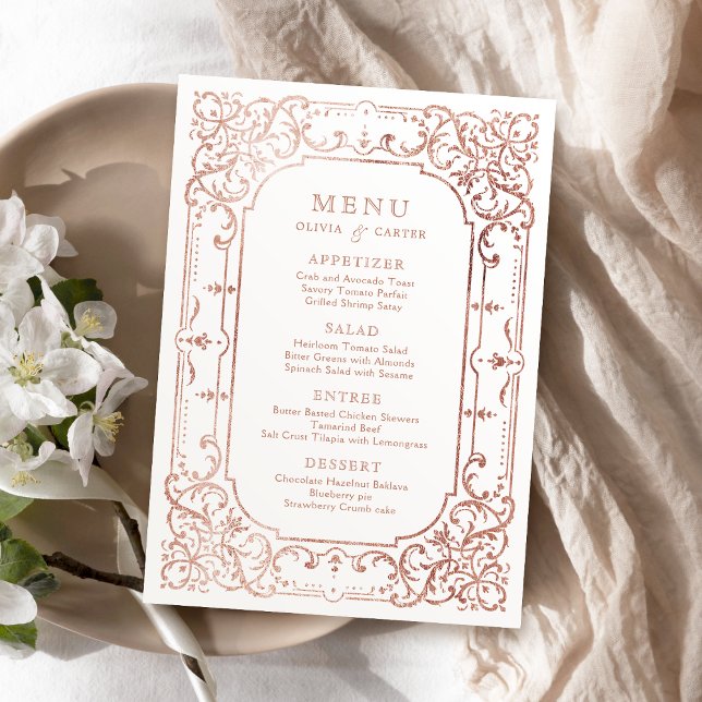Rose Golden Romantik verzierte Hochzeit Menükarte (Rose gold elegant romantic ornate vintage wedding menu)