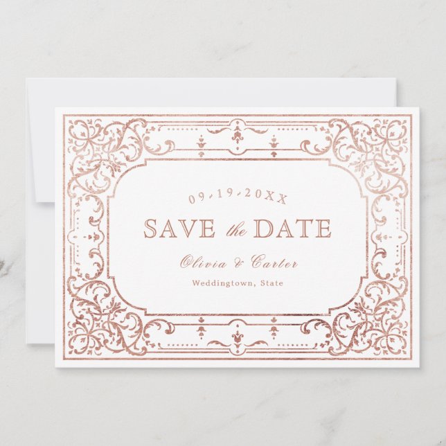 Rose Golden Romantik verzierte Hochzeit Save The Date (Vorderseite)