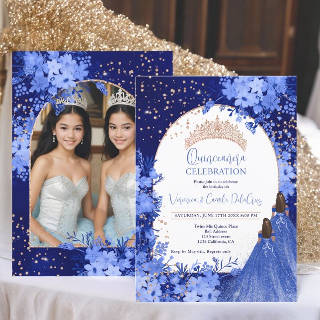 Rose Goldene Blumenprinzessin Twins Quinceanera Einladung (Rose gold blue floral princess Twins Quinceanera Invitation)