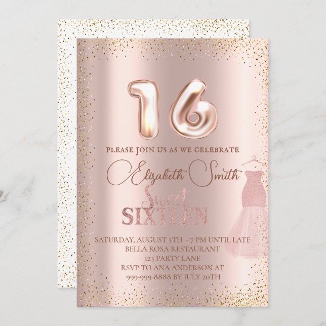 Rose goldene Eleganz, 16 . Geburtstag Einladung (Vorne/Hinten)