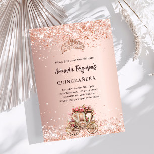 Rose Goldene Kutsche Tiara Glitzer Quinceanera Einladung