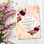 Rose goldene Sterne florieren Geburtstagseinladung Magneteinladung<br><div class="desc">Ein Magnet für eine 50-jährige, 50. Geburtstagsparty (oder jedes Alter). Eine Rose Gold, rot-rosa farbener Ober-Hintergrund mit einem vergoldeten geometrischen Rahmen in Imitaten. Die Einrichtung besteht aus dunklen, lila und bordeauxfarbenen Blume, Rose und Boho-Federn. Imitate tropfen goldene Sterne. Personalisieren und fügen Sie einen Namen und Party-Details hinzu. Der Name wird...</div>