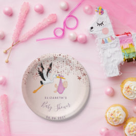 Rose goldene Sterne Storchenmädchen Dusche Pappteller