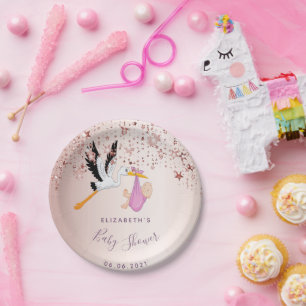 Rose goldene Sterne Storchenmädchen Dusche Pappteller