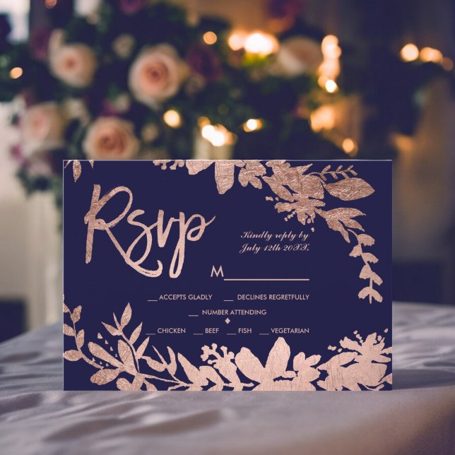Rose Goldene Typografie Blumenmarinebräu Blaue uAw RSVP Karte (Rose Gold typography floral navy blue rsvp wedding)