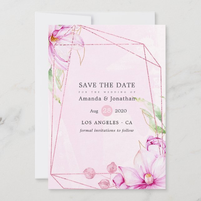 Rose Goldene und rosa Magnolia Geometrische Hochze Save The Date (Vorderseite)