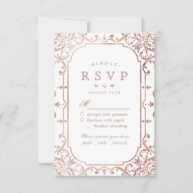 Rose Goldene verzierte romantische Hochzeit RSVP Karte (Vorderseite)