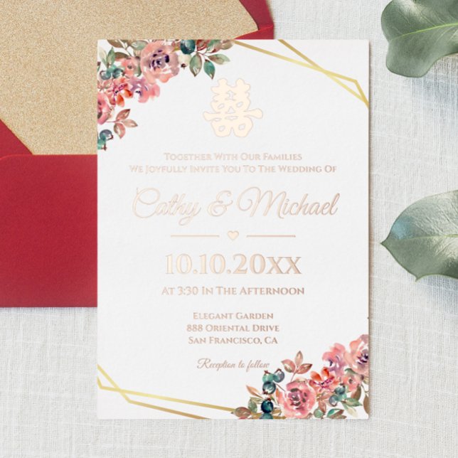 Rose Goldener Blumenkranz Chinesische Hochzeit Folieneinladung (Von Creator hochgeladen)