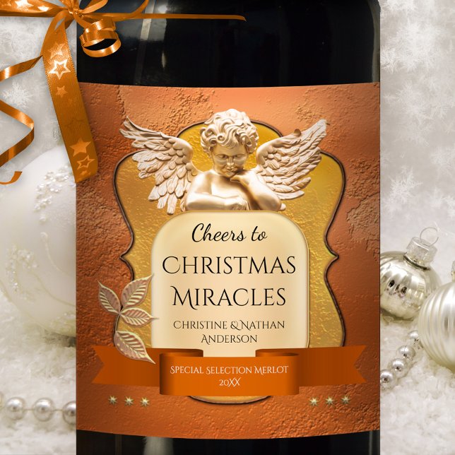 Rose Goldener Engel Weihnachtswunder Weinkarte Weinetikett (Christmas wine label featuring an angel in rose gold in a festive Holiday setting)