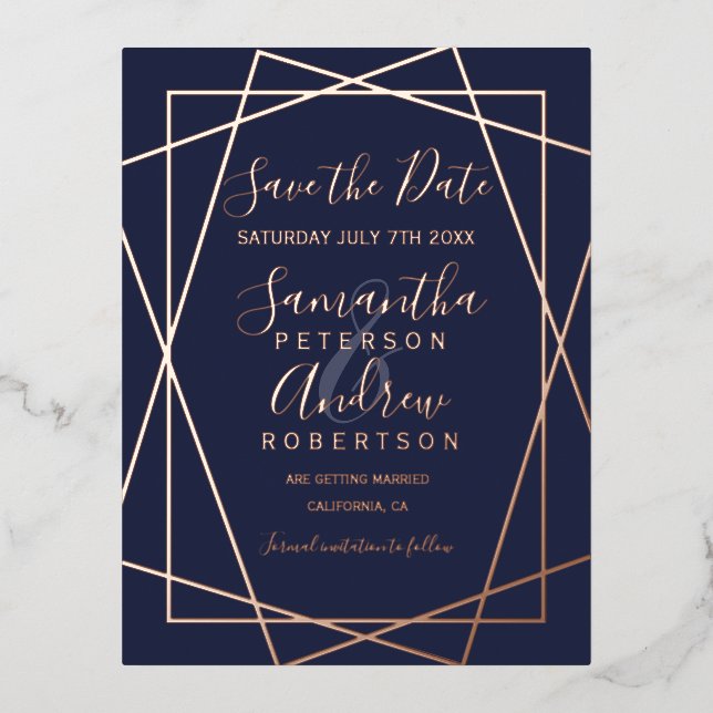 Rose goldenes geometrisches blaues Schriftzeichen  Folie Einladungspostkarte (Vorderseite)