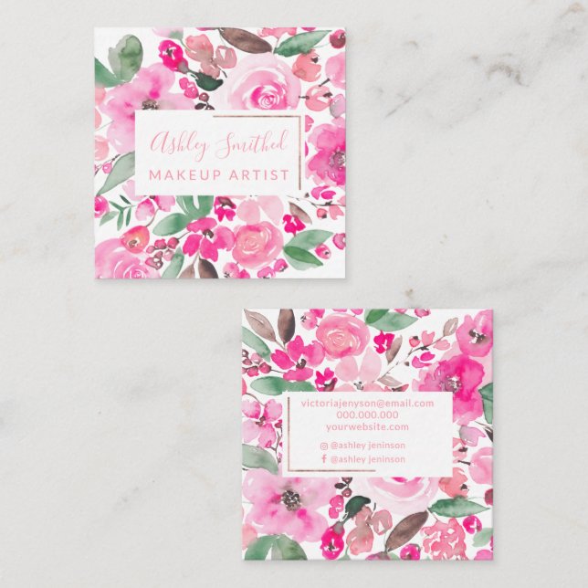 Rose Goldenes Rosa Aquarellschminken Quadratische Visitenkarte (Vorne/Hinten)