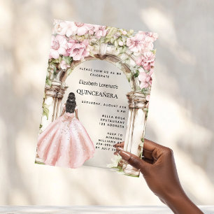 Rose goldfarbene Blumen Bogenkleid Quinceanera Acryleinladungen