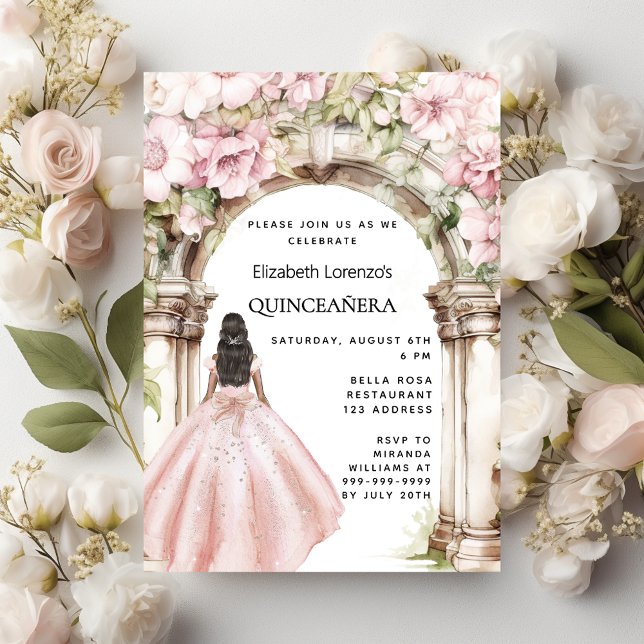 Rose goldfarbene Blumen Bogenkleid Quinceanera Einladung (Von Creator hochgeladen)