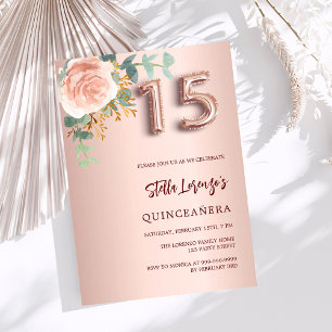 Rose goldfarbene Blumengrün Quinceanera Luxus Einladung