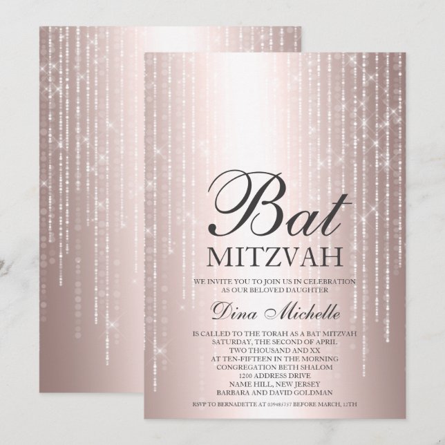 Rose goldfarbene Streichellichter Chic Bat Mitzvah Einladung (Vorne/Hinten)