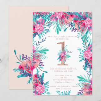 Rose goldfarbener Blumenbrief 1. Geburtstag Rosa Einladung