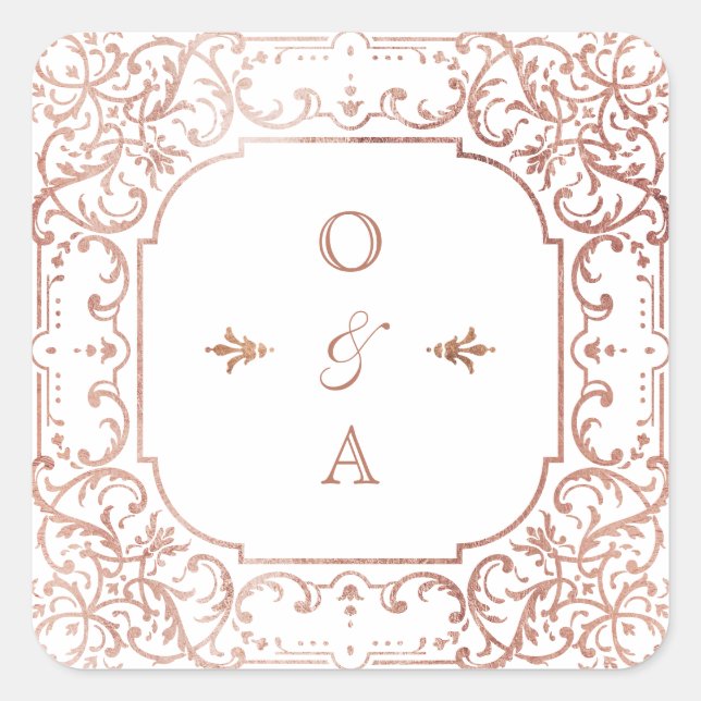 Rose goldfarbenes verziertes Hochzeitsmonogramm Quadratischer Aufkleber (Vorderseite)