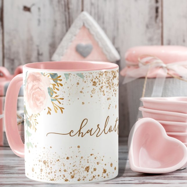 Rose Goldflorale Eukalyptus Goldname Glitzer Tasse (Von Creator hochgeladen)