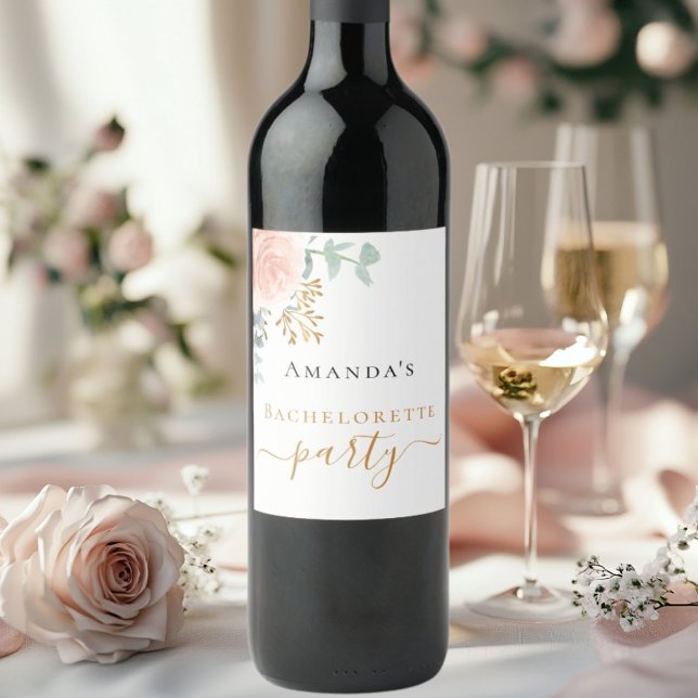 Rose Goldflorale Eukalyptus-Junggeselinnen-Abschie Weinetikett (Von Creator hochgeladen)