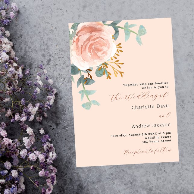 Rose Goldfloralen Grüne Pfirsichhochzeit Einladung (Von Creator hochgeladen)