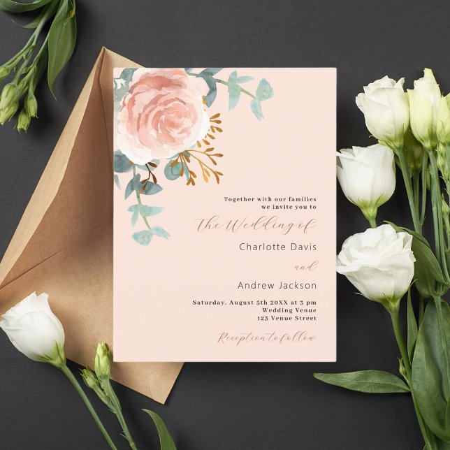 Rose Goldfloralen Grüne Pfirsichhochzeit Einladungspostkarte (Von Creator hochgeladen)