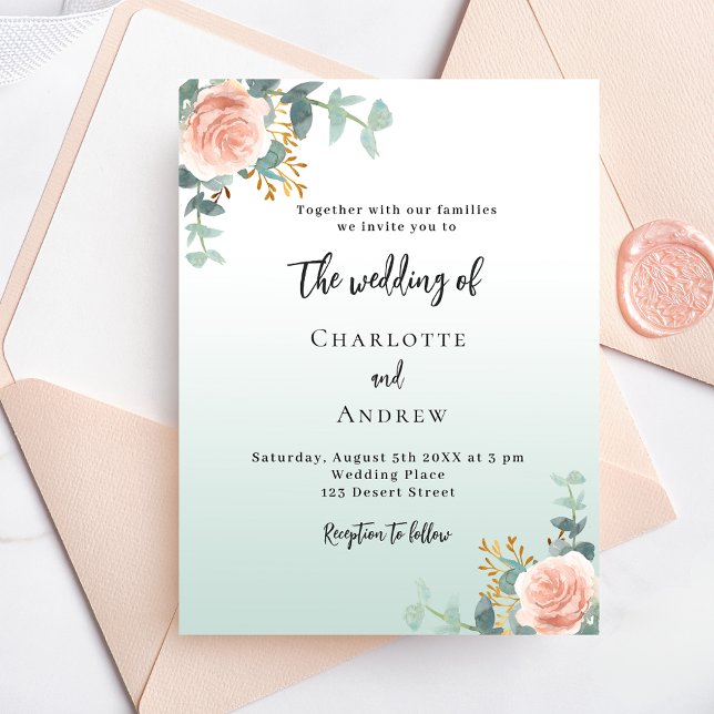 Rose Goldfloralen Grünes Budget Einladung Hochzeit Flyer (Von Creator hochgeladen)