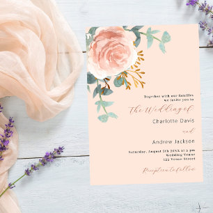 Rose Goldfloralen Grünpflanzen Pfirsichhochzeit Einladung