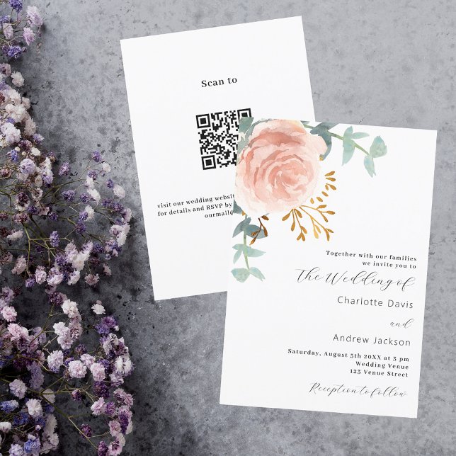 Rose Goldfloralen Grünpflanzen QR Code UAWG Hochze Einladung (Von Creator hochgeladen)