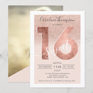 Rose Goldfolie Glitzer Drehbuch Schwarz Sweet 16 F Einladung