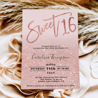 Rose Goldfolie Glitzer Rosa Sweet 16 Foto Einladung