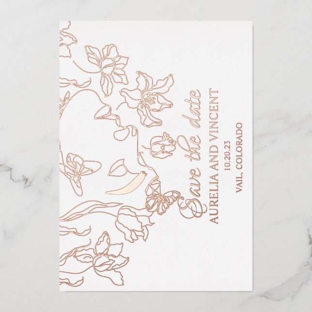 Rose Goldfolie-Kalligrafie Save the Date Folieneinladung (Vorderseite)