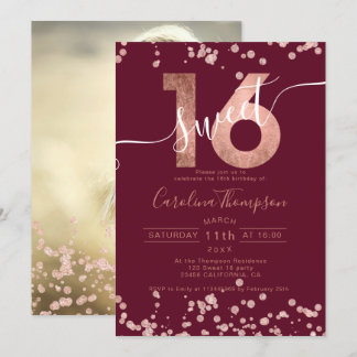 Rose Goldfolie Konfetti Rot Sweet 16 Foto Einladung