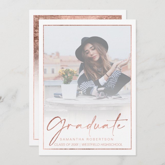 Rose Goldfolie Randkalligrafie Foto Abschluss Einladung (Vorne/Hinten)