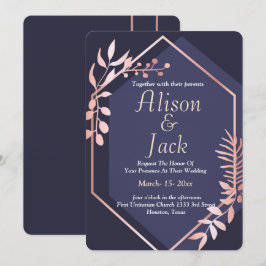 Rose Goldgeometrische Rahmen Marine Blaue Hochzeit Einladung