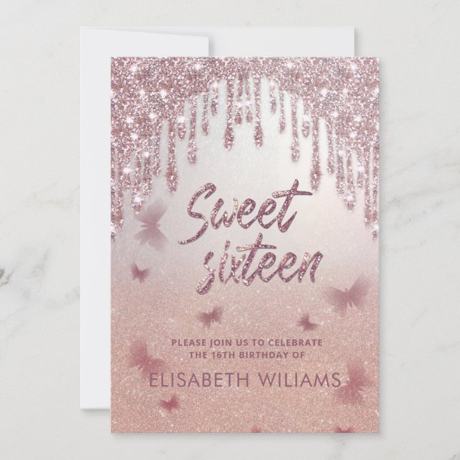 Rose Goldglatter Tropfen ombre Schmetterling invit Einladung (Vorderseite)