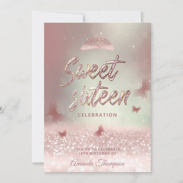 Rose Goldglitterling-Schmetterling-Tiara-Kalligrap Einladung (Vorderseite)