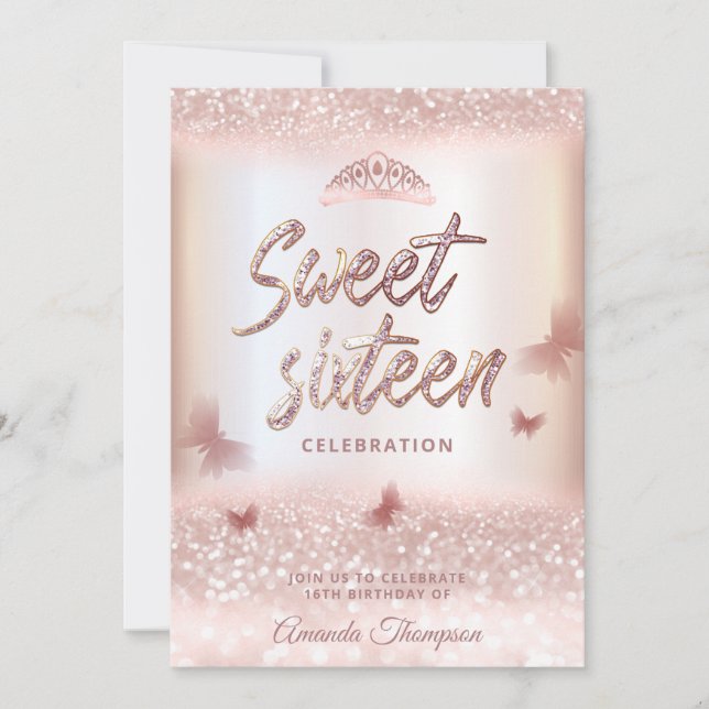 Rose Goldglitterling-Schmetterling-Tiara-Kalligrap Einladung (Vorderseite)