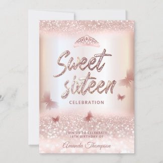 Rose Goldglitterling-Schmetterling-Tiara-Kalligrap Einladung