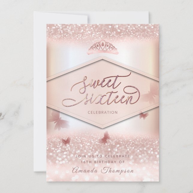 Rose Goldglitterling-Schmetterling-Tiara-Kalligrap Einladung (Vorderseite)