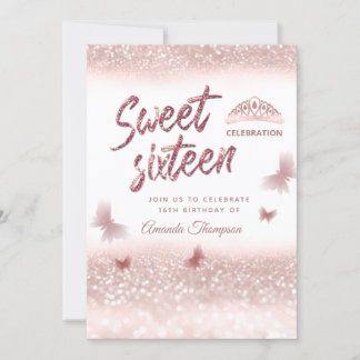 Rose Goldglitterling-Schmetterling-Tiara-Kalligrap Einladung