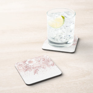 Rose Goldhandgezeichnete Blumendoodles und Konfett Getränkeuntersetzer