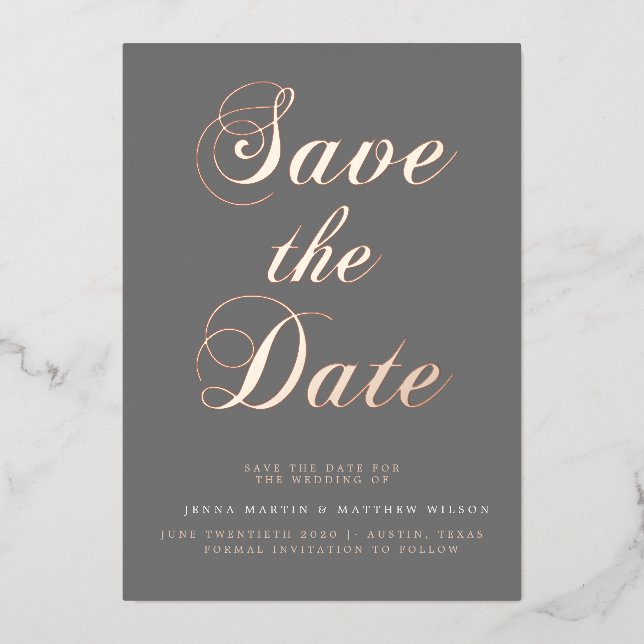 Rose Goldkalligrafie Save the Date Folieneinladung (Vorderseite)