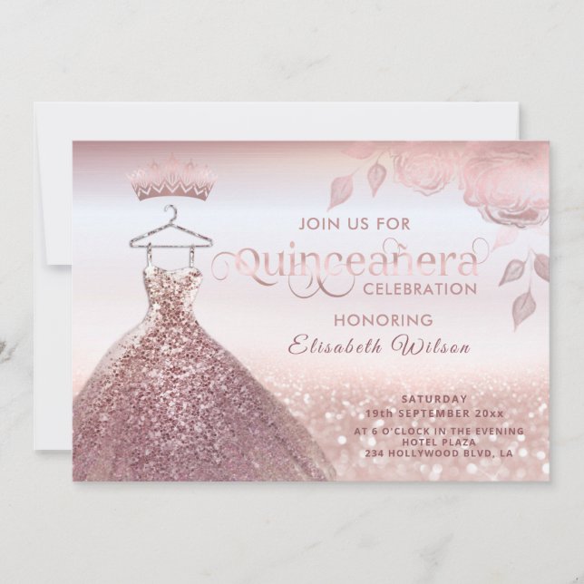 Rose-Goldkleid Quinceañera Einladung (Vorderseite)