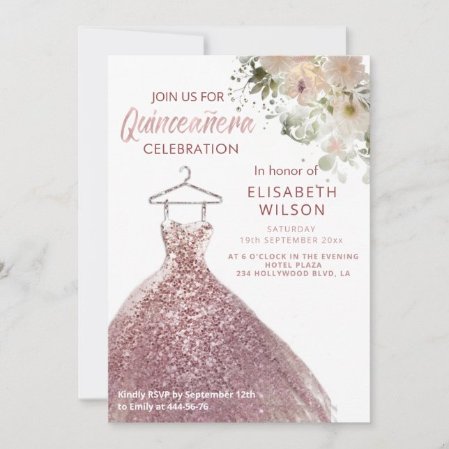 Rose-Goldkleid Quinceañera Invit Einladung (Vorderseite)